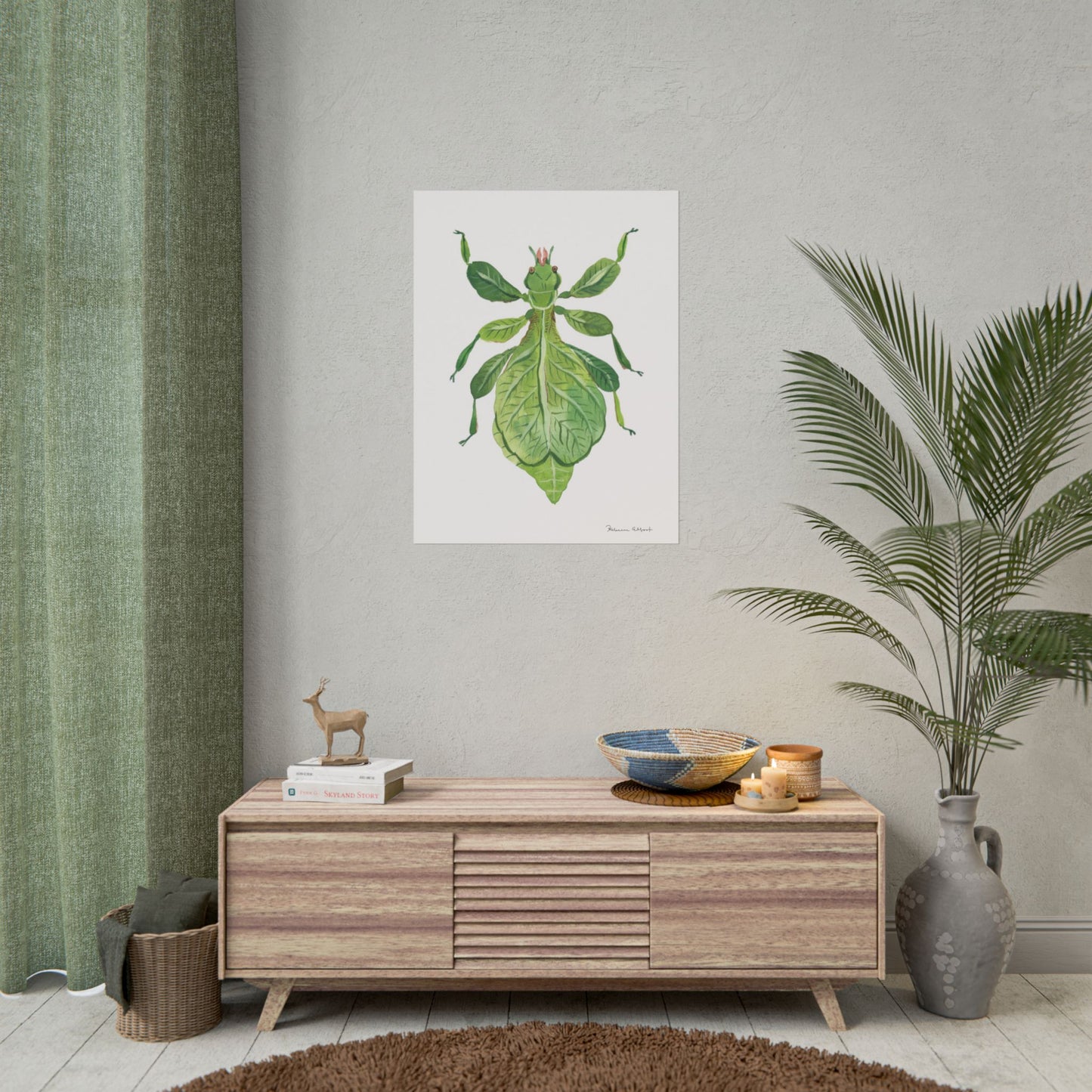 Green Leaf Insect Gouache Painting Art Print
