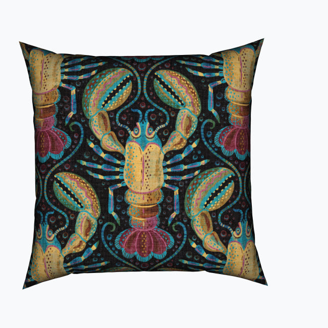 Painterly Lobster Coastal Damask Cotton Cushion