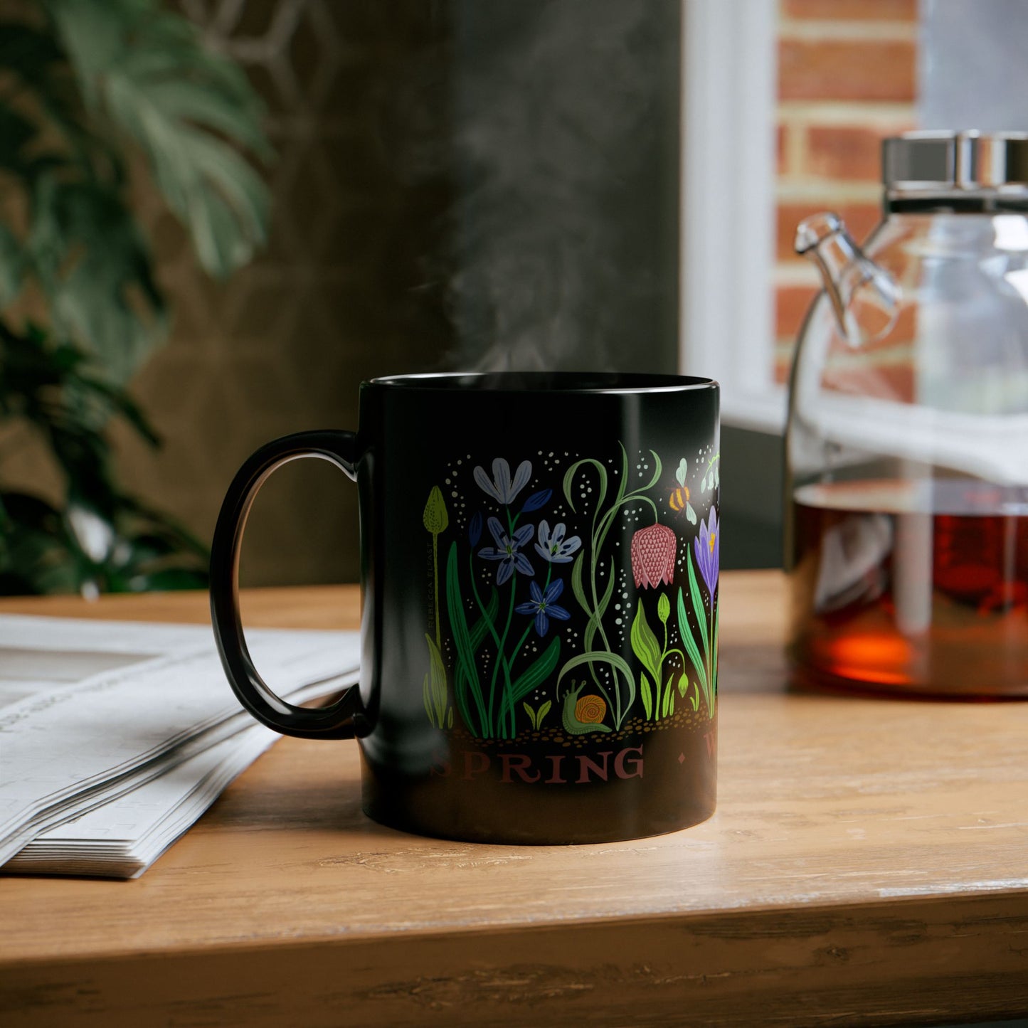 "SPRING WILL RETURN" Botanical Black Ceramic Coffee Mug