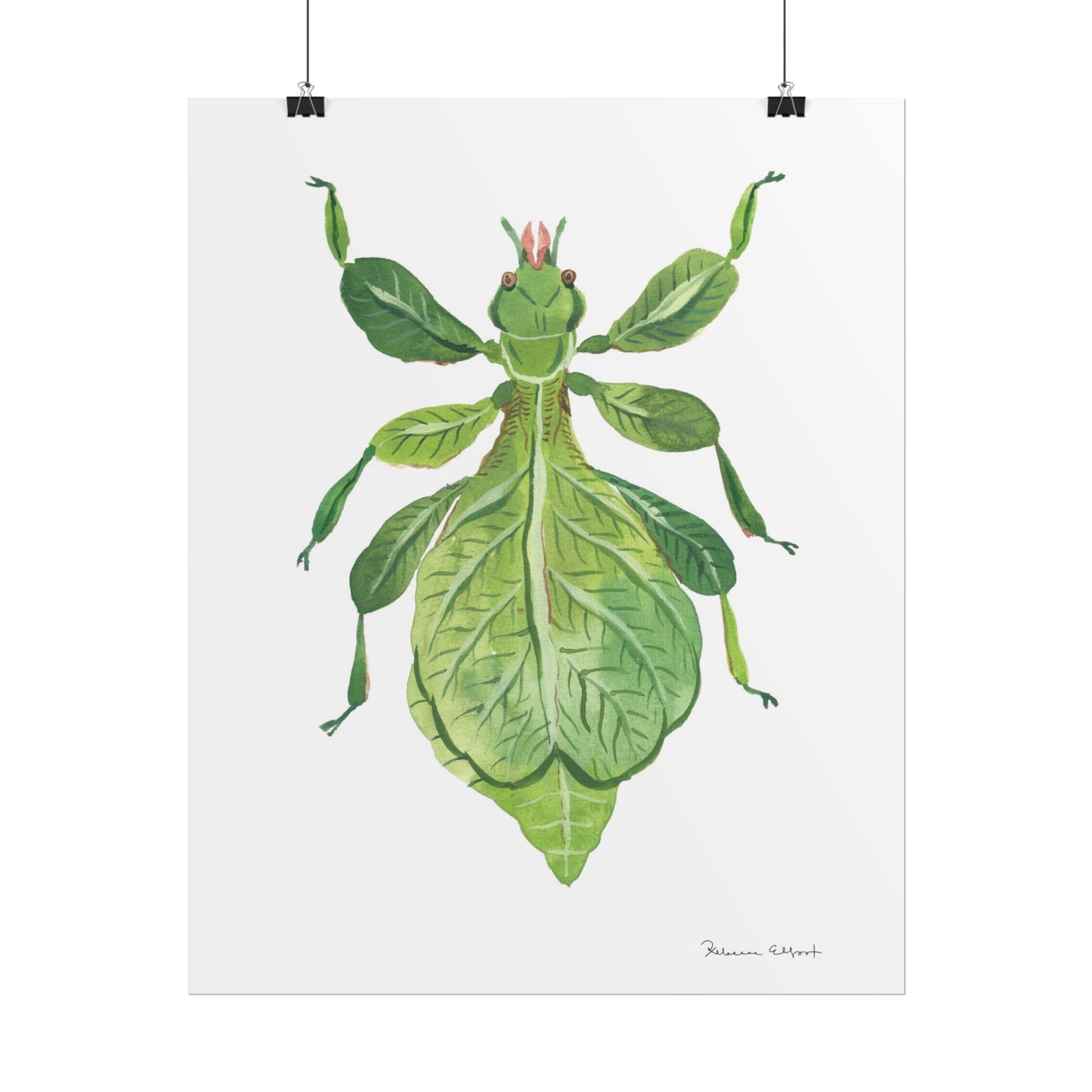 Green Leaf Insect Gouache Painting Art Print