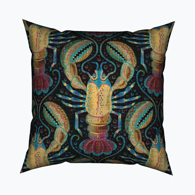 Painterly Lobster Coastal Damask Cotton Cushion