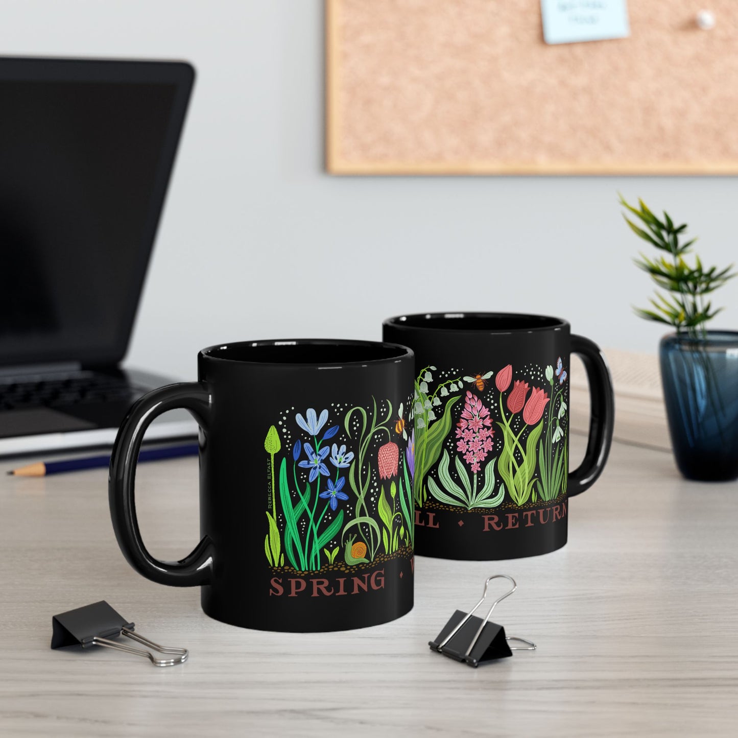 "SPRING WILL RETURN" Botanical Black Ceramic Coffee Mug
