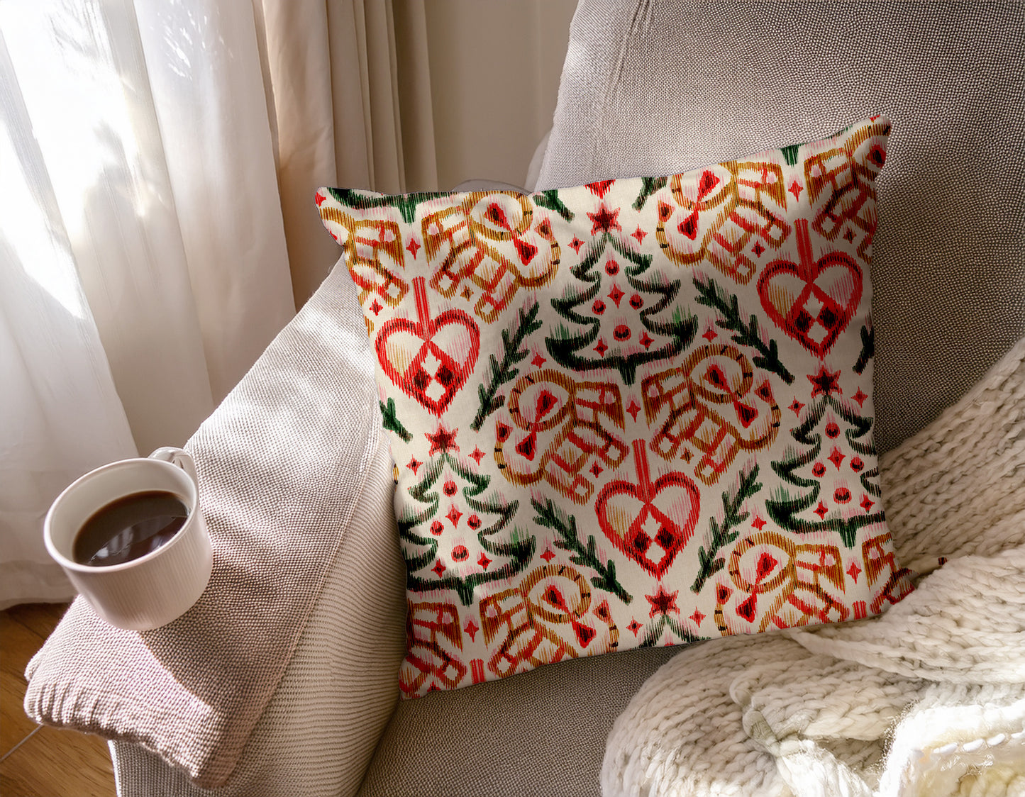 Scandinavian Christmas Painterly Ikat Cotton Cushion