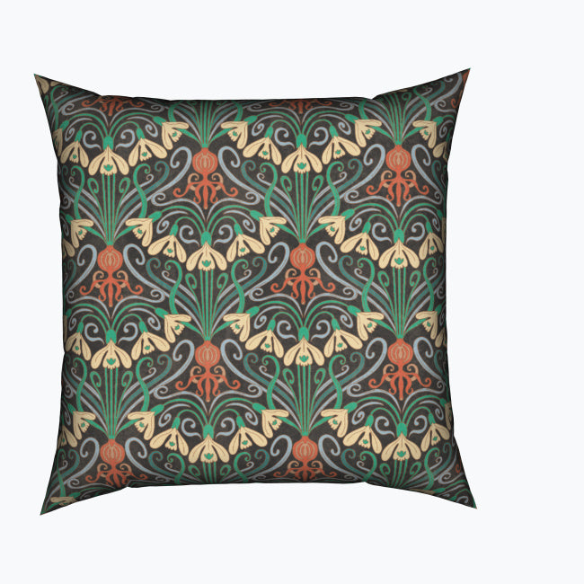 Art Nouveau Snowdrops Dark Cotton Cushion