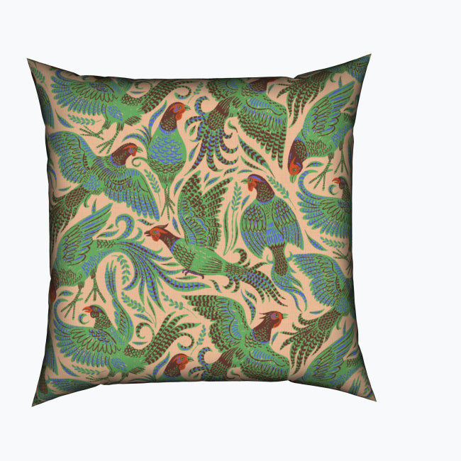 Pheasants in Flight Bird Cushion Jewel Greens
